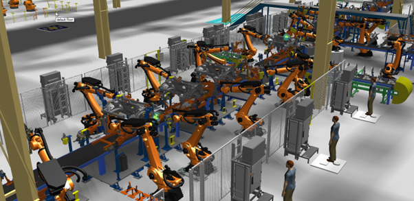 Produktionslina med maskiner och arbetare i Plant simulation