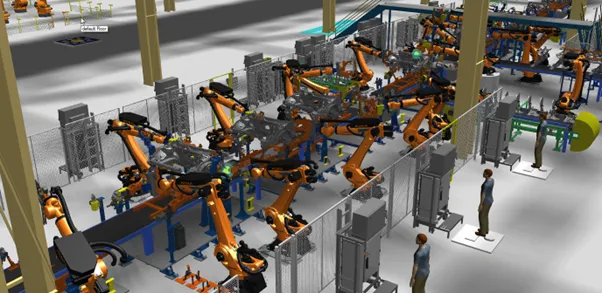 Produktionslina med maskiner och arbetare i Plant simulation