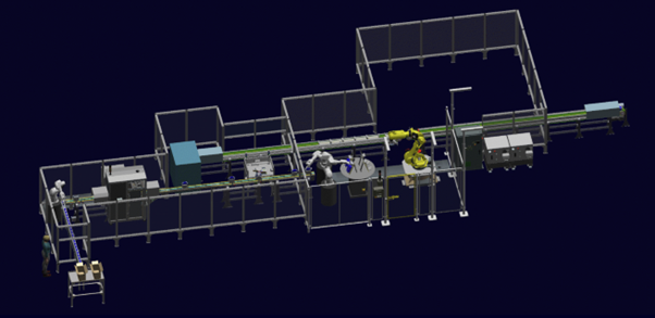 En uppritad produktionscell med maskiner i flera steg