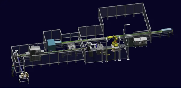 En uppritad produktionscell med maskiner i flera steg