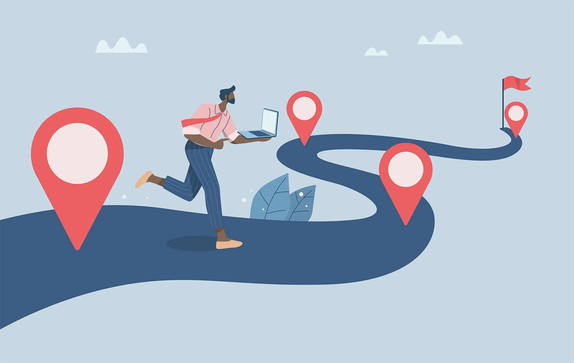 Illustration of a man running on a road with checkpoints highlited along the road.