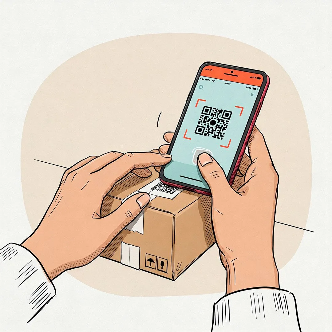 illustration of hand holding smartphone about to scan QR code